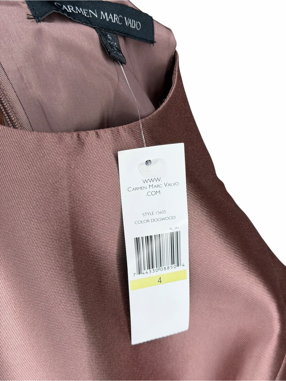 CARMEN MARC VALVO Dusty Rose-Mauve Satin Midi Dress with Side Ruffle Women's 4 - Picture 4 of 6